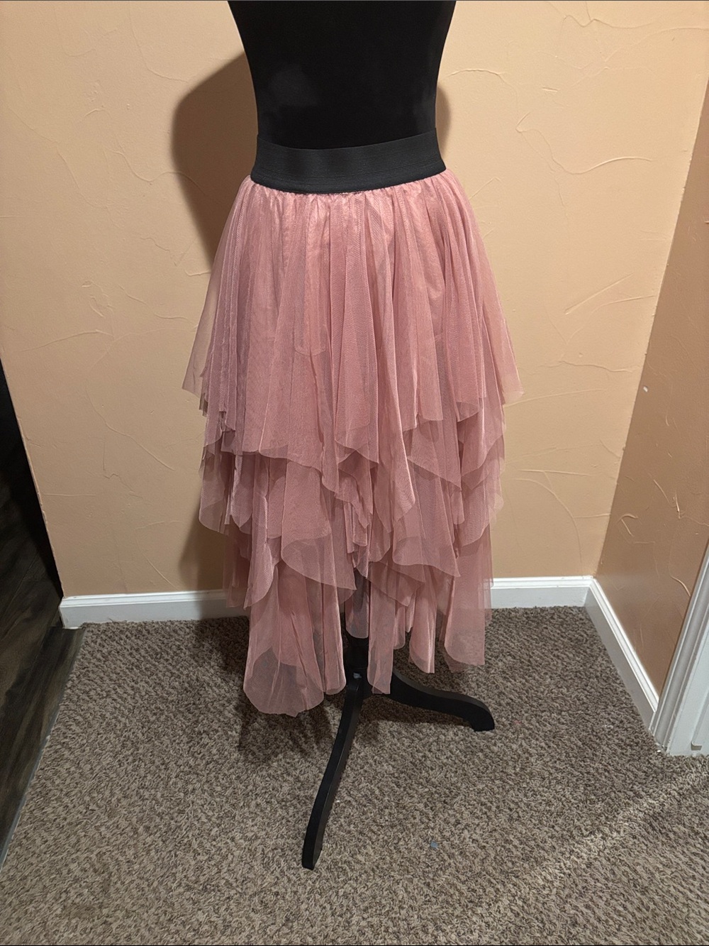 Tiered Pink Tulle Midi Skirt - Unbranded